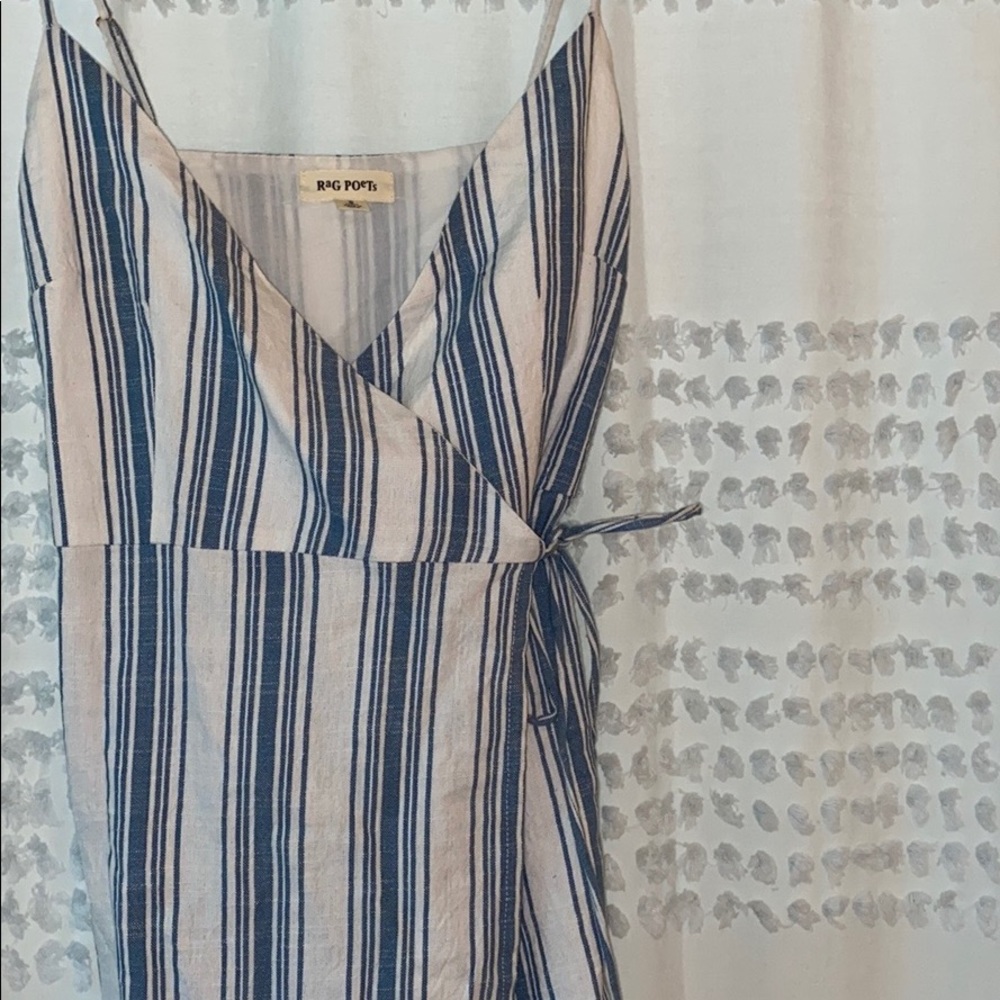 Blue and white striped wrap dress